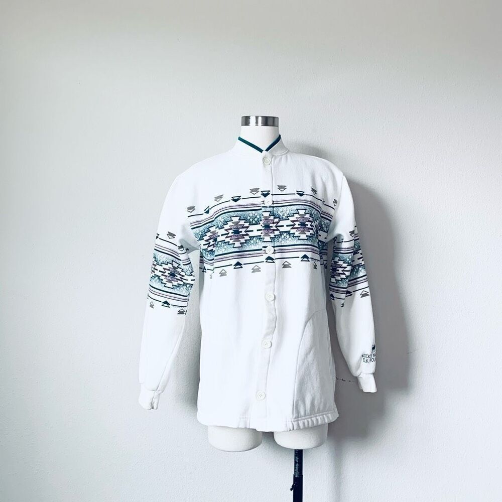 Vintage 1990s Art Unlimited White Sweatshirt Pullover Cardigan Aztec M